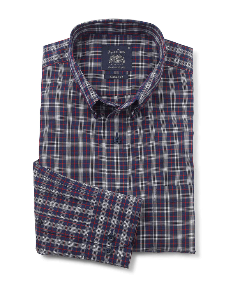 Men's Navy White Red Check Classic Fit Casual Shirt