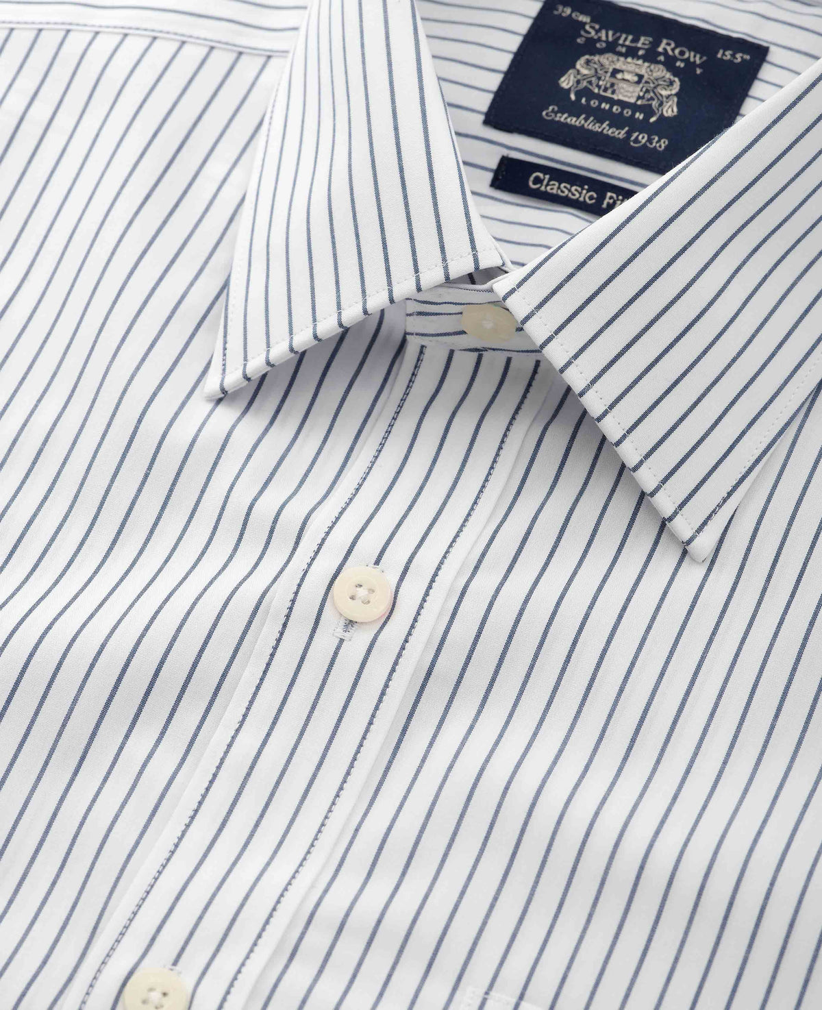 Men's Navy White Stripe Cotton Classic Fit Formal Shirt With Double Cuffs collar detail