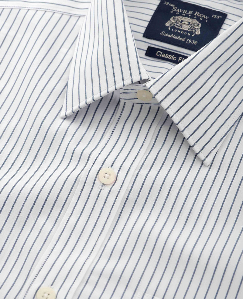 Men's Navy White Stripe Cotton Classic Fit Formal Shirt With Double Cuffs collar detail