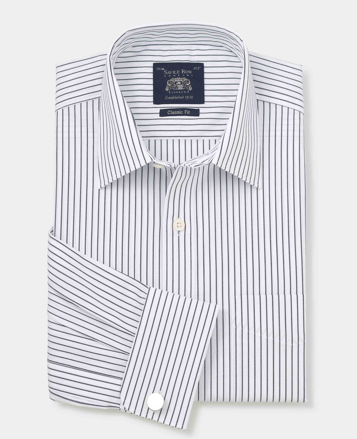 Men's Navy White Stripe Cotton Classic Fit Formal Shirt With Double Cuffs folded