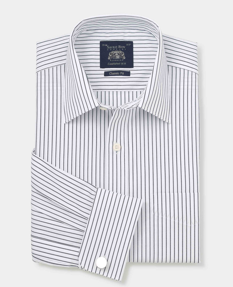 Men's Navy White Stripe Cotton Classic Fit Formal Shirt With Double Cuffs folded
