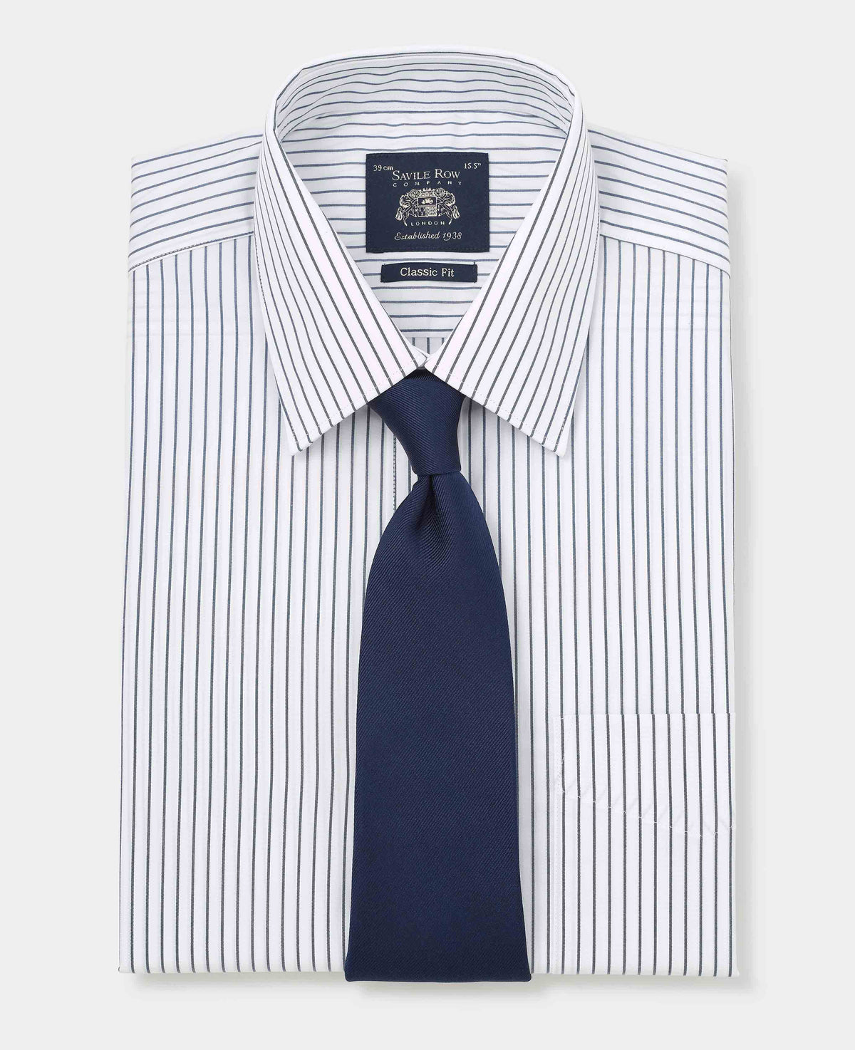 Men's Navy White Stripe Cotton Classic Fit Formal Shirt With Double Cuffs folded with tie