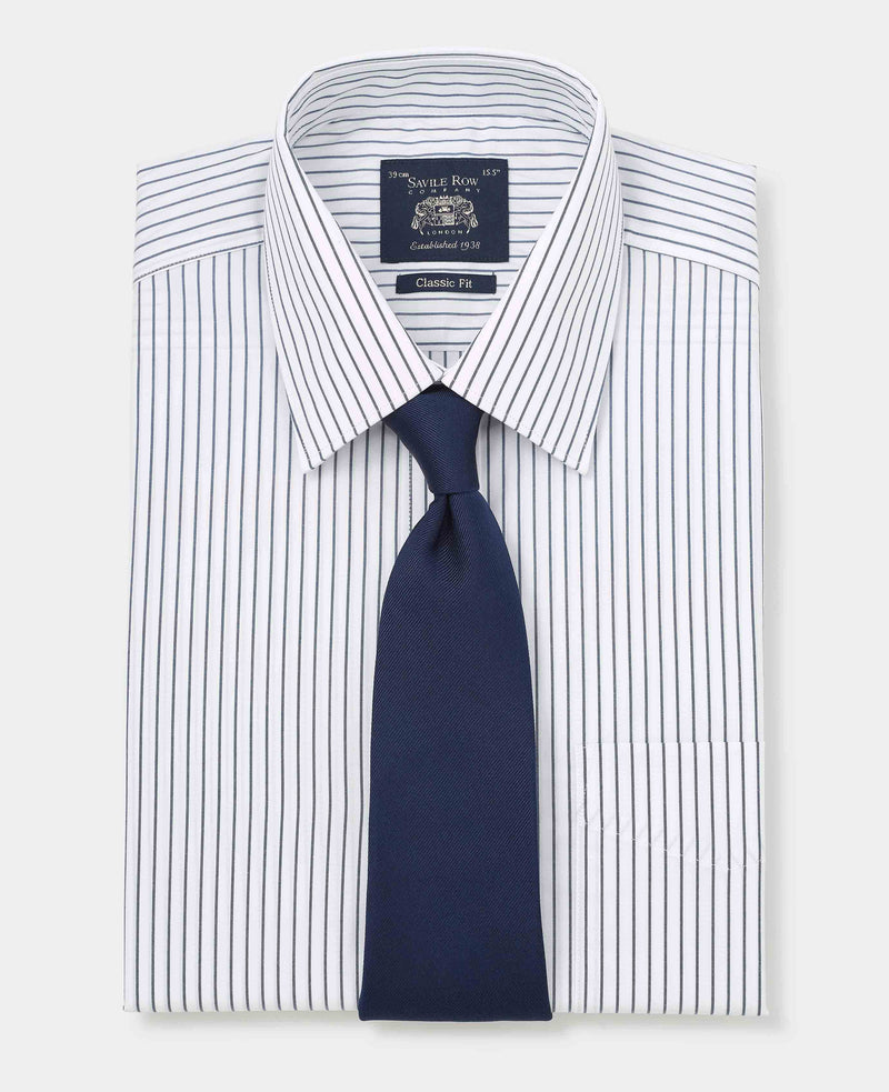 Men's Navy White Stripe Cotton Classic Fit Formal Shirt With Double Cuffs folded with tie