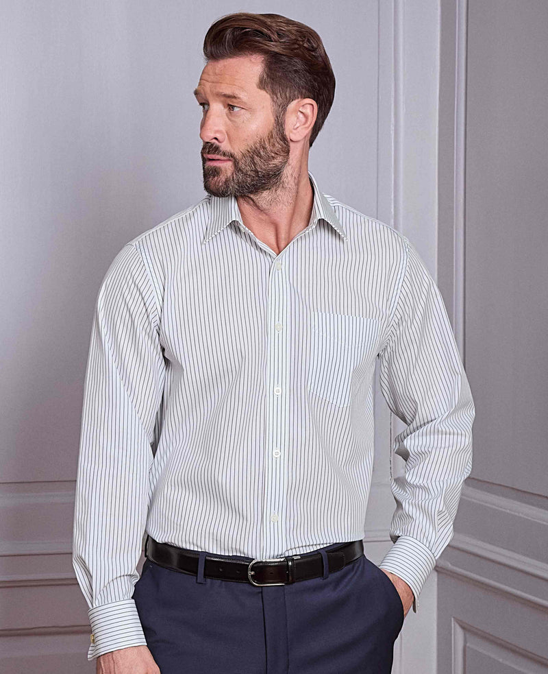 Men's Navy White Stripe Cotton Classic Fit Formal Shirt With Double Cuffs model image