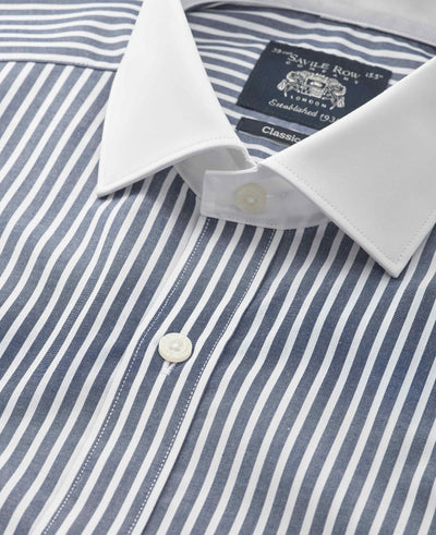 Navy White Stripe Cotton Poplin Classic Fit Winchester Formal Shirt - Double Cuff