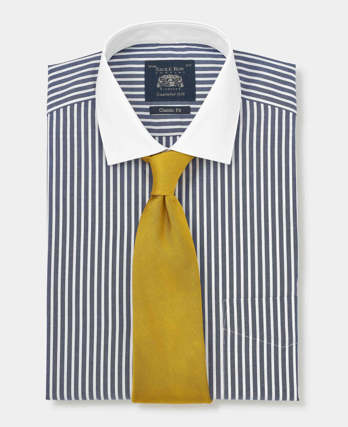Navy White Stripe Cotton Poplin Classic Fit Winchester Formal Shirt - Double Cuff