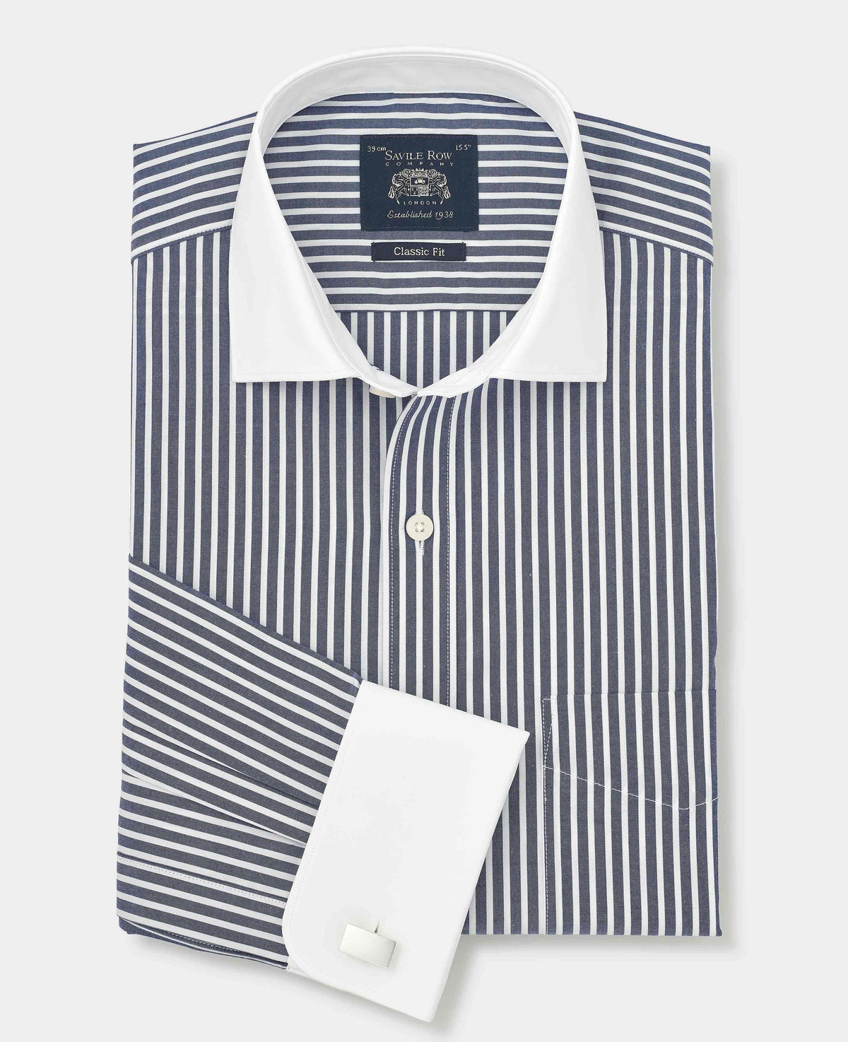 Navy White Stripe Cotton Poplin Classic Fit Winchester Formal Shirt - Double Cuff