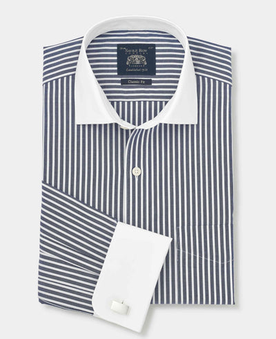 Navy White Stripe Cotton Poplin Classic Fit Winchester Formal Shirt - Double Cuff