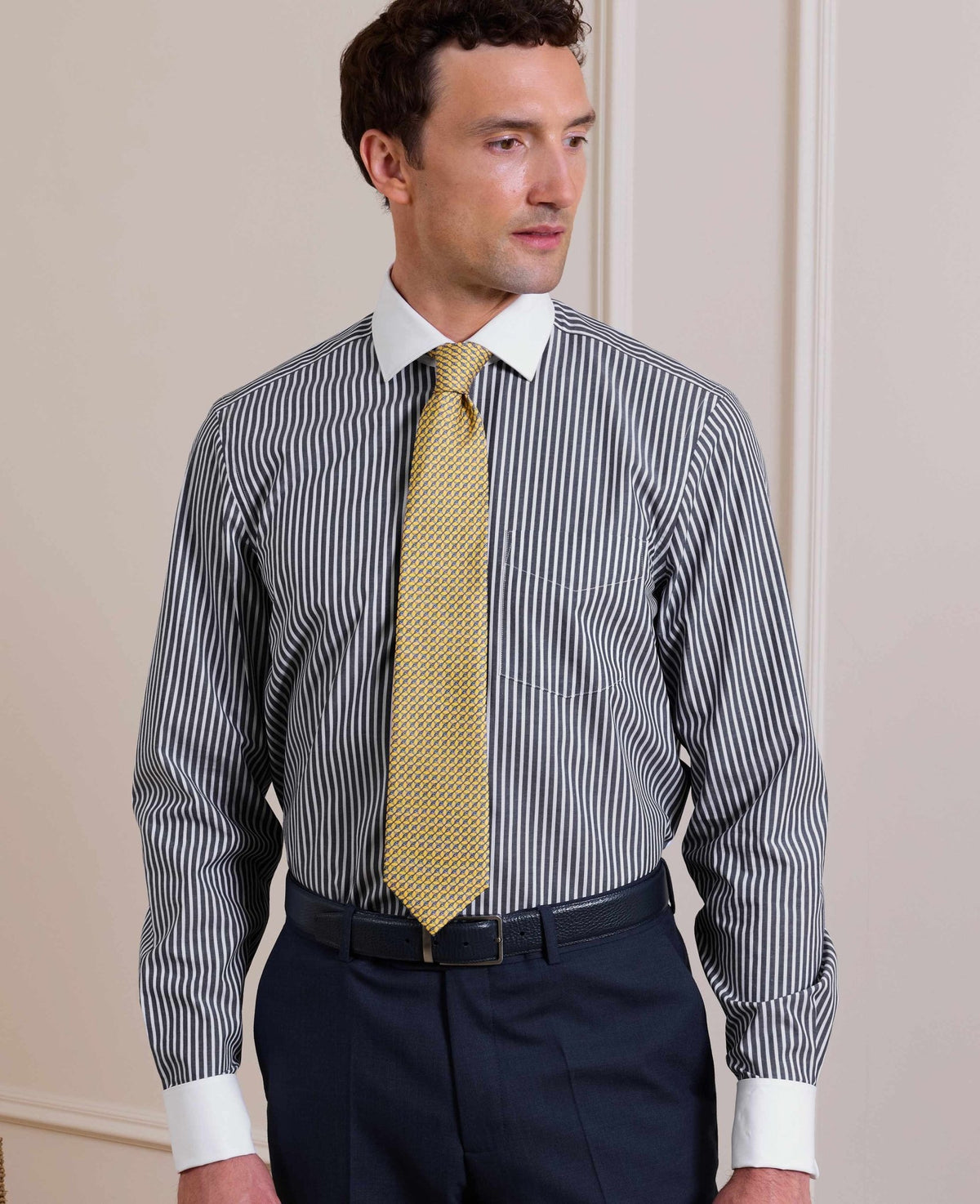Navy White Stripe Cotton Poplin Classic Fit Winchester Formal Shirt - Double Cuff