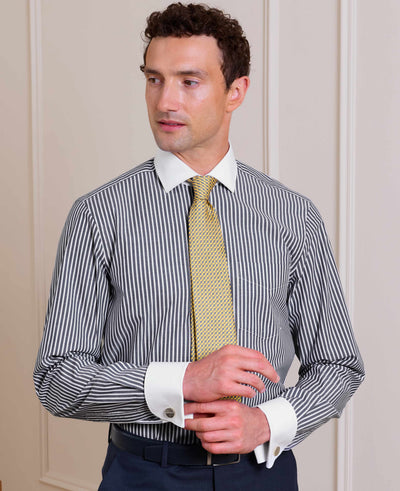 Navy White Stripe Cotton Poplin Classic Fit Winchester Formal Shirt - Double Cuff