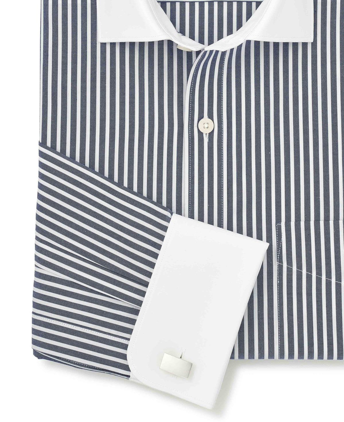 Navy White Stripe Cotton Poplin Classic Fit Winchester Formal Shirt - Double Cuff