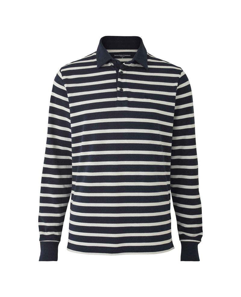 Navy White Stripe Long Sleeve Polo Shirt  - MPL654NAW