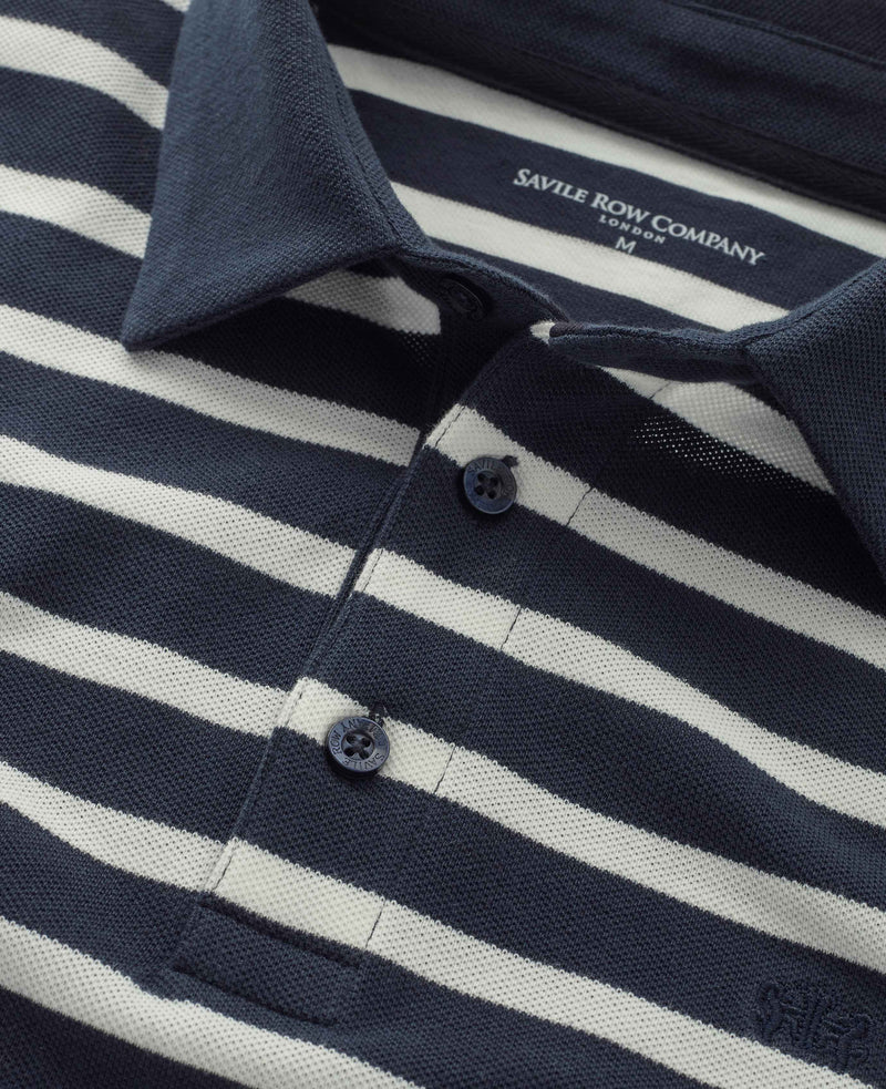 Navy White Stripe Long Sleeve Polo Shirt  - Collar Detail - MPL654NAW