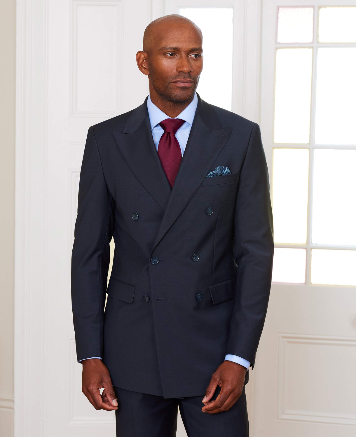 navy wool blend double breasted suit msuit376nav model image 4