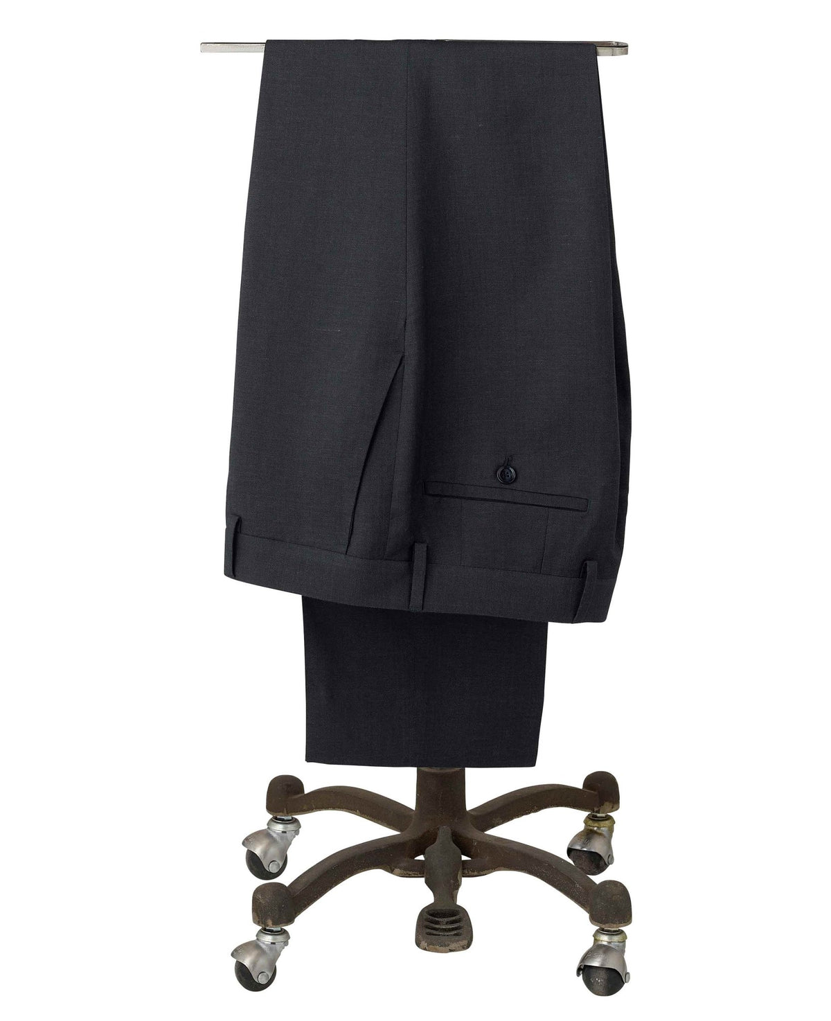 Men's Navy Wool Linen Blend Suit Trousers folded on rails