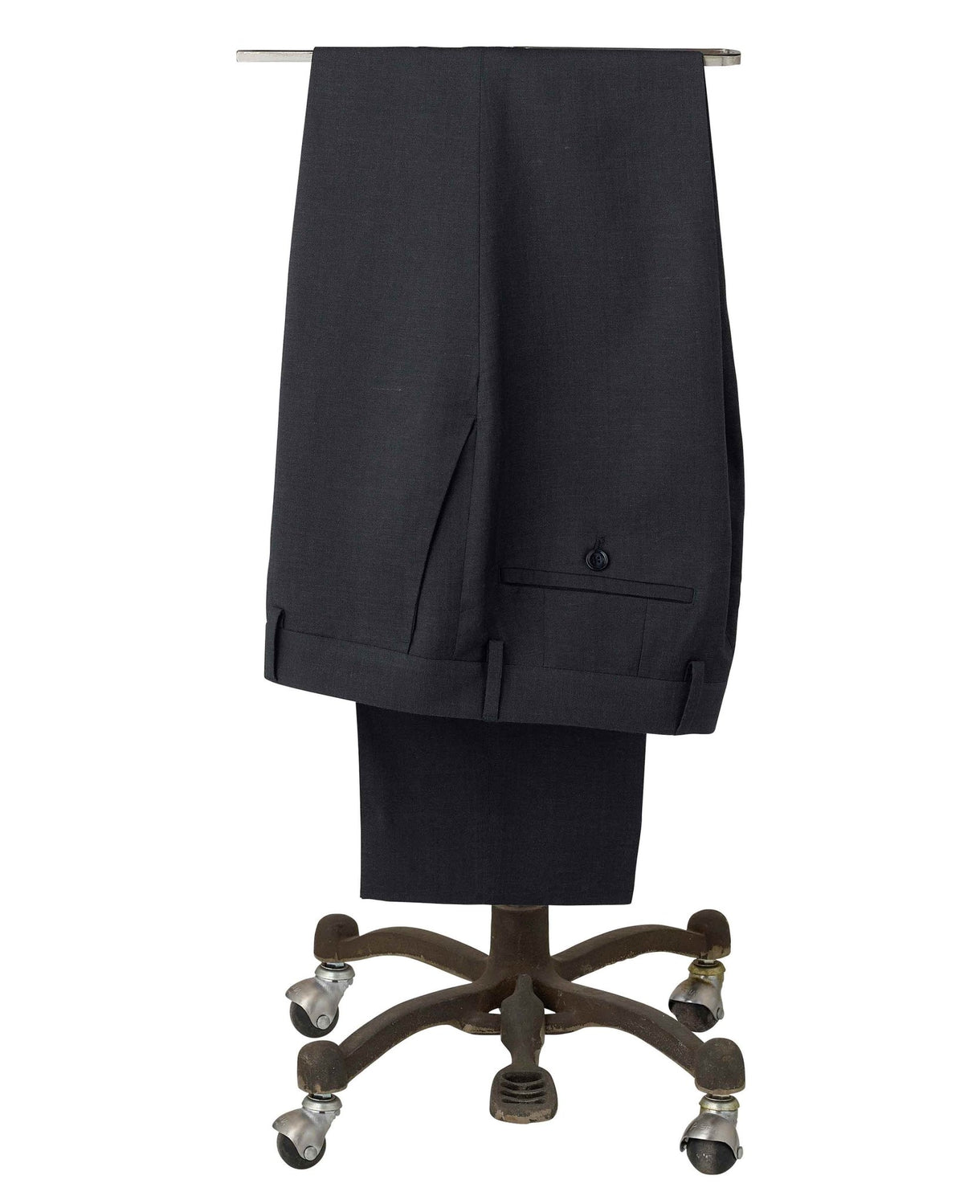 Men's Navy Wool Linen Blend Suit Trousers folded on rails