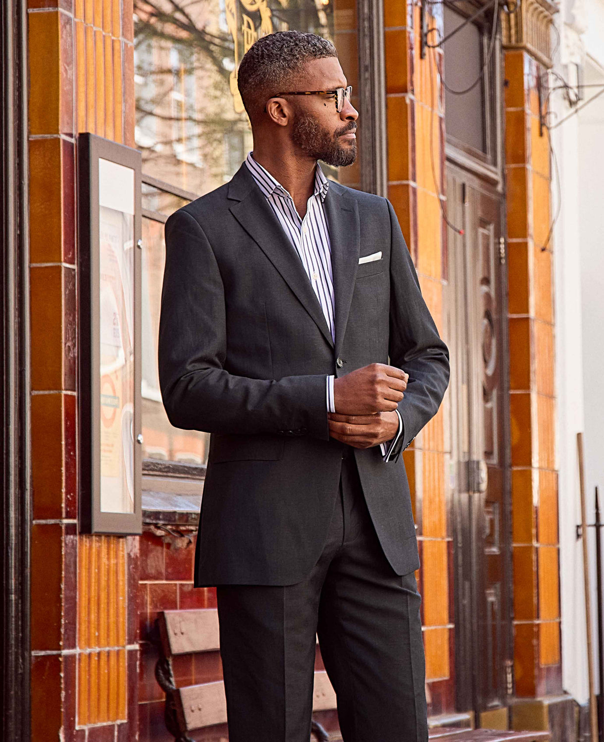 Men's Navy Wool Linen Blend Tailored Suit model shot 2