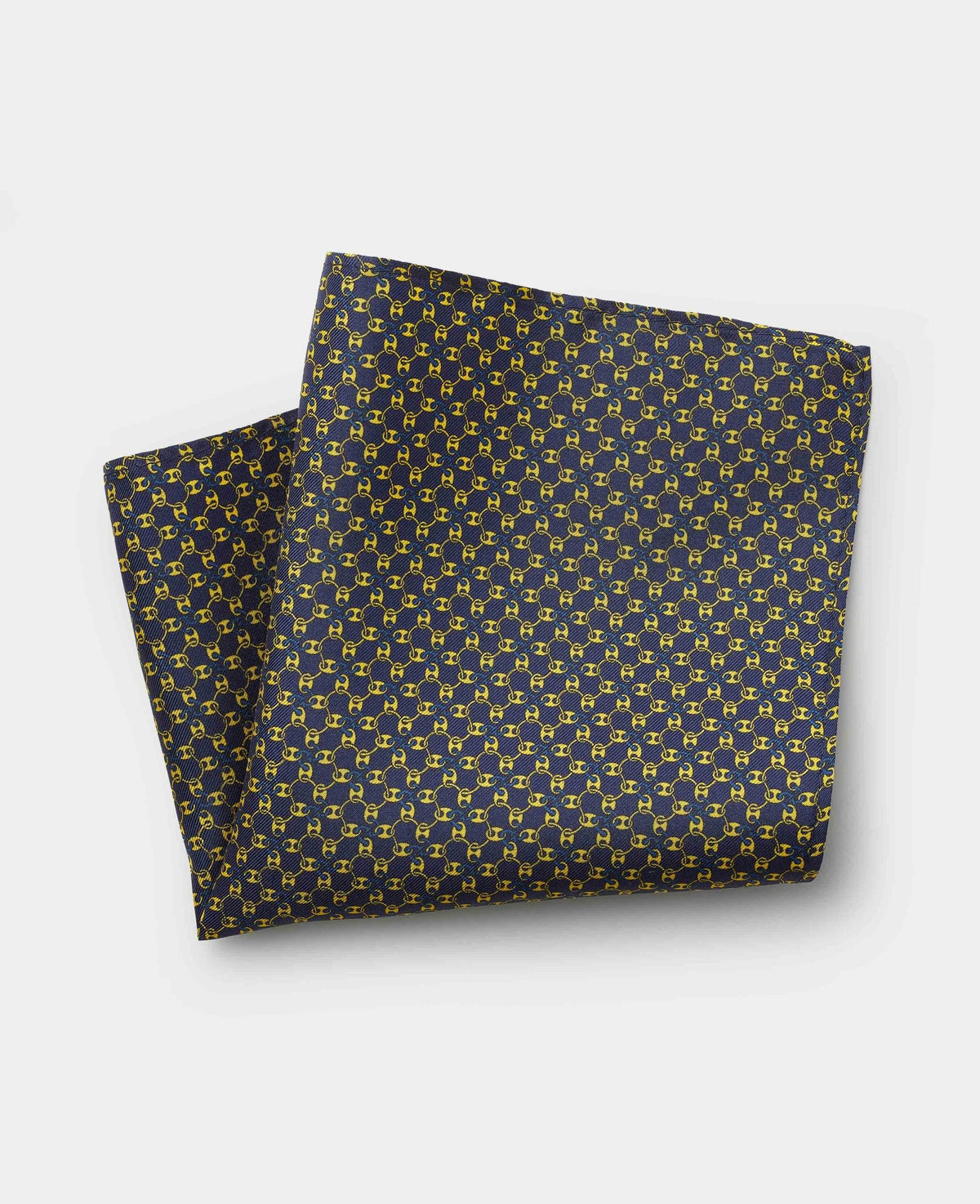 Men's Navy Yellow Chain Silk Pocket Square folded