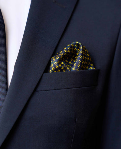 Navy Yellow Chain Silk Pocket Square