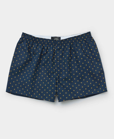 Navy Yellow Cotton Fleur De Lys Print Boxer Shorts
