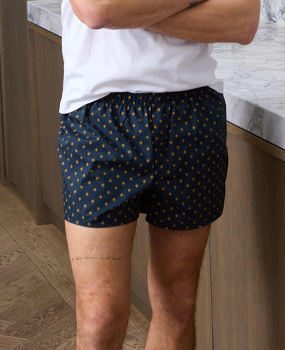 Navy Yellow Cotton Fleur De Lys Print Boxer Shorts