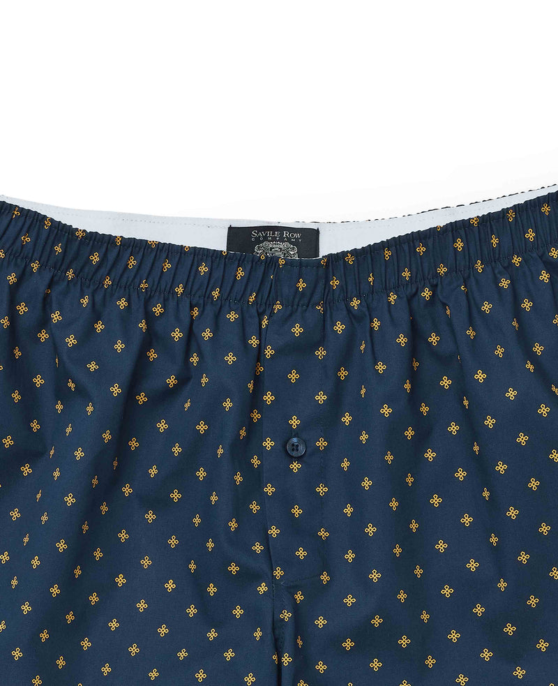 Navy Yellow Cotton Fleur De Lys Print Boxer Shorts