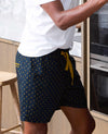 Navy Yellow Cotton Fleur De Lys Print Lounge Shorts