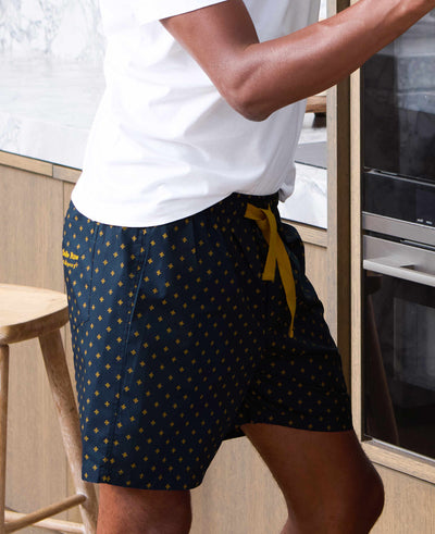 Navy Yellow Cotton Fleur De Lys Print Lounge Shorts