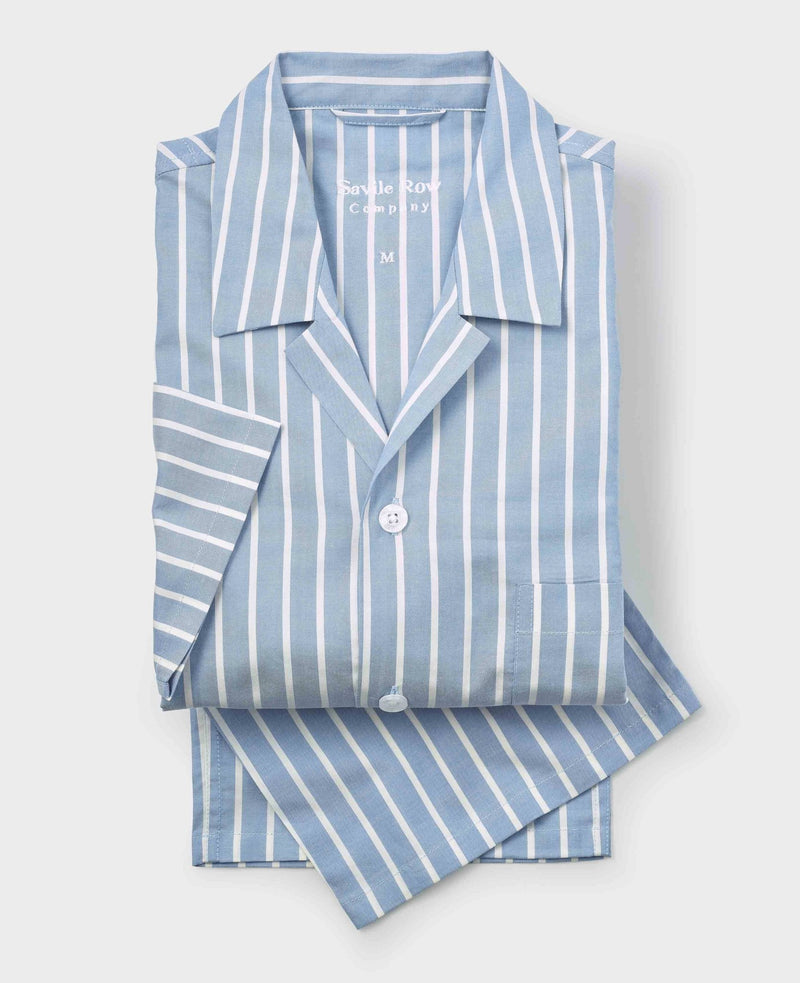 Pale Blue Cotton Twill Wide Stripe Pyjamas
