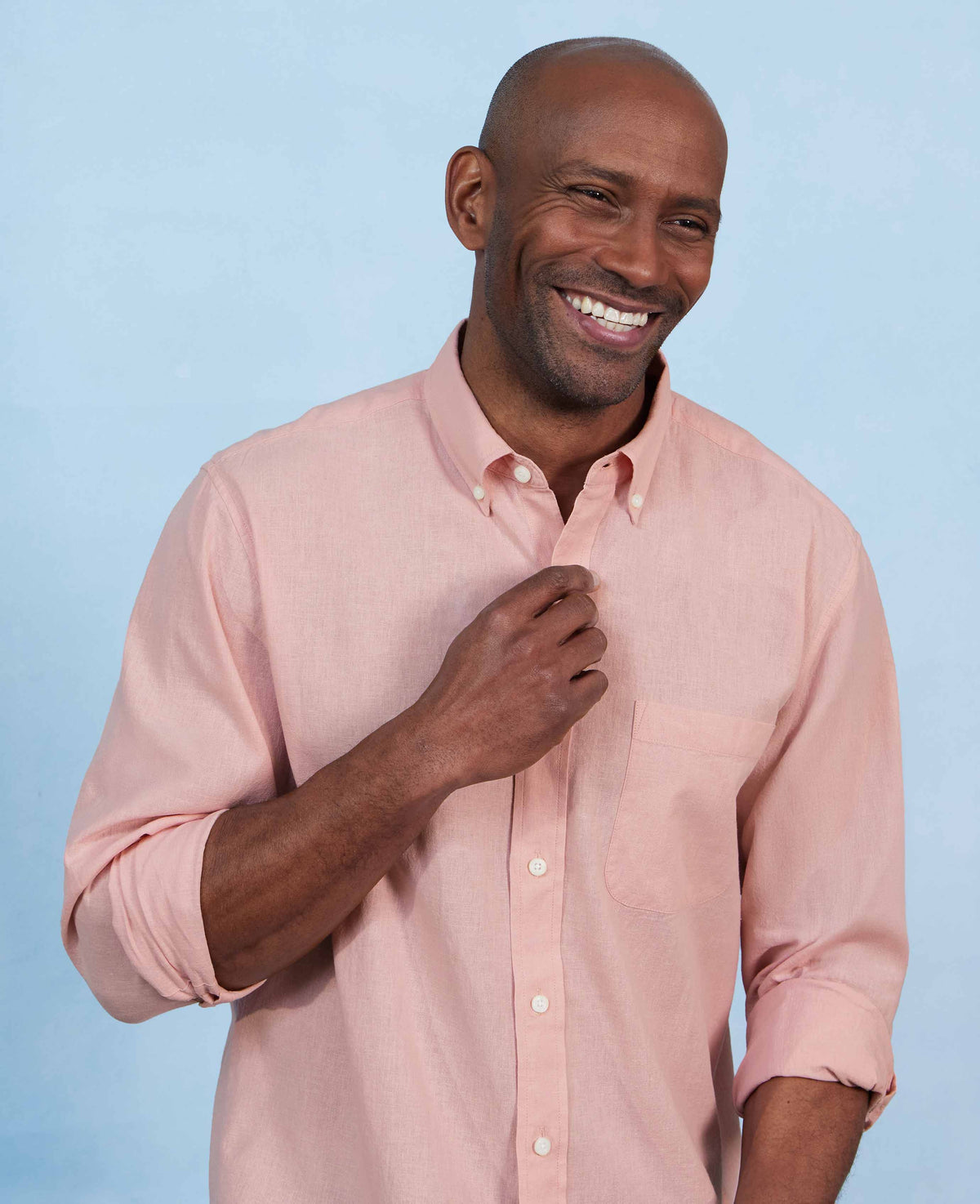 Men's Peach Linen Cotton Classic Fit Button-Down Casual Shirt model shot 2
