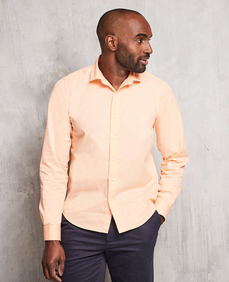 Men's Peach Cotton Twill Slim Fit Casual Shirt In Short Length