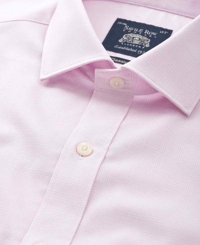 Pink Prince of Wales Check Cotton Twill Classic Fit Formal Shirt - Single Cuff