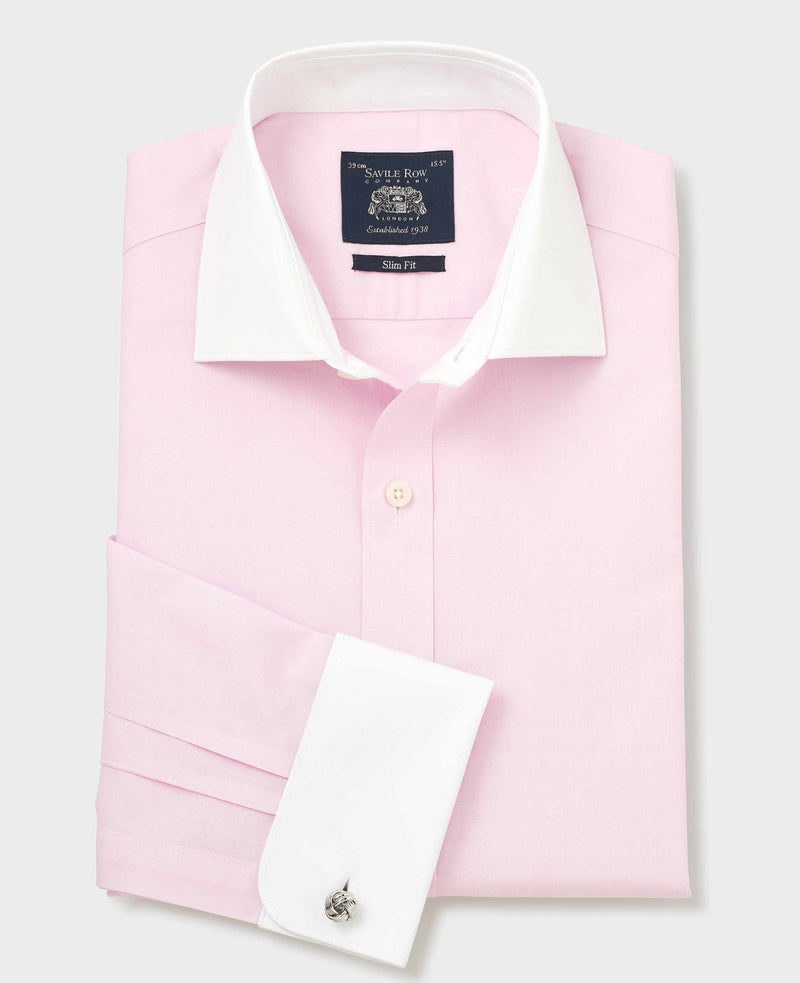 Men's Pink Slim Fit Cotton Poplin Winchester Shirt - Double Cuff folded shot