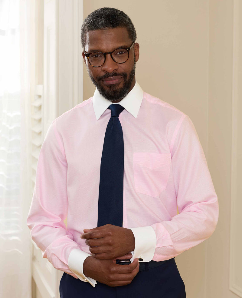 Pink Textured Cotton Puppytooth Classic Fit Winchester Formal Shirt - Double Cuff