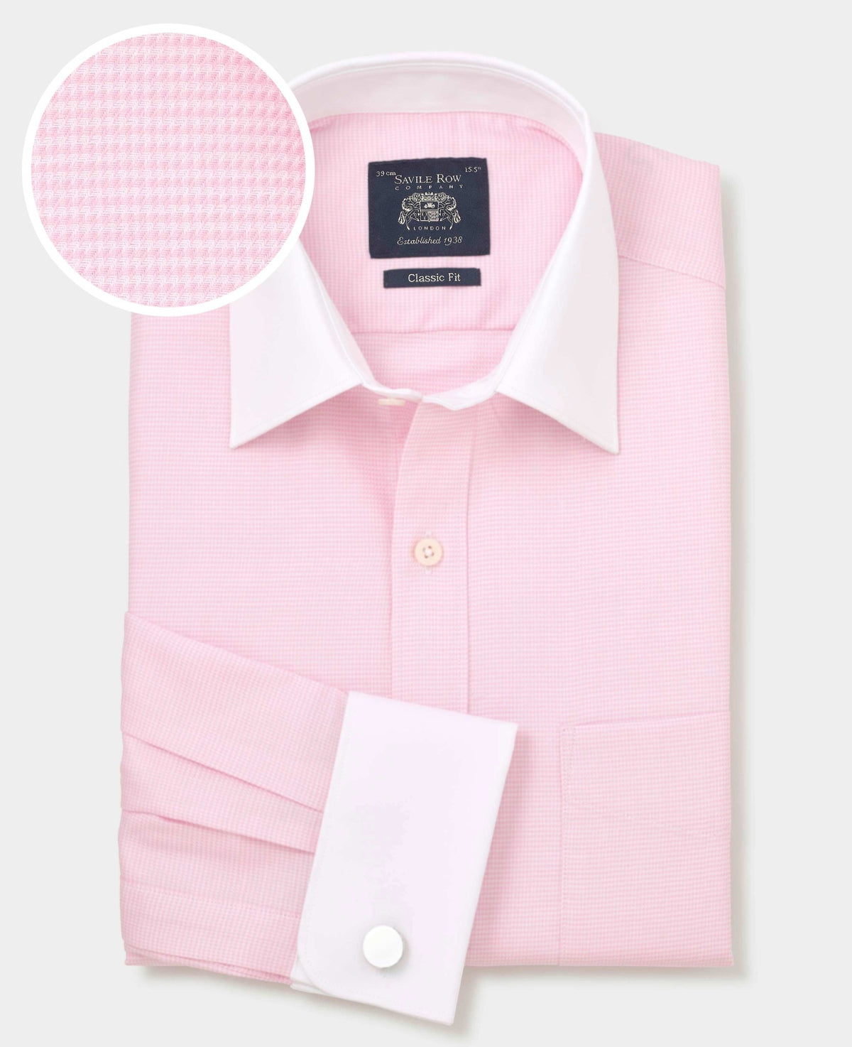 Men's Pink Textured Cotton Puppytooth Classic Fit Winchester Formal Shirt With Double Cuffs with fabric swatch