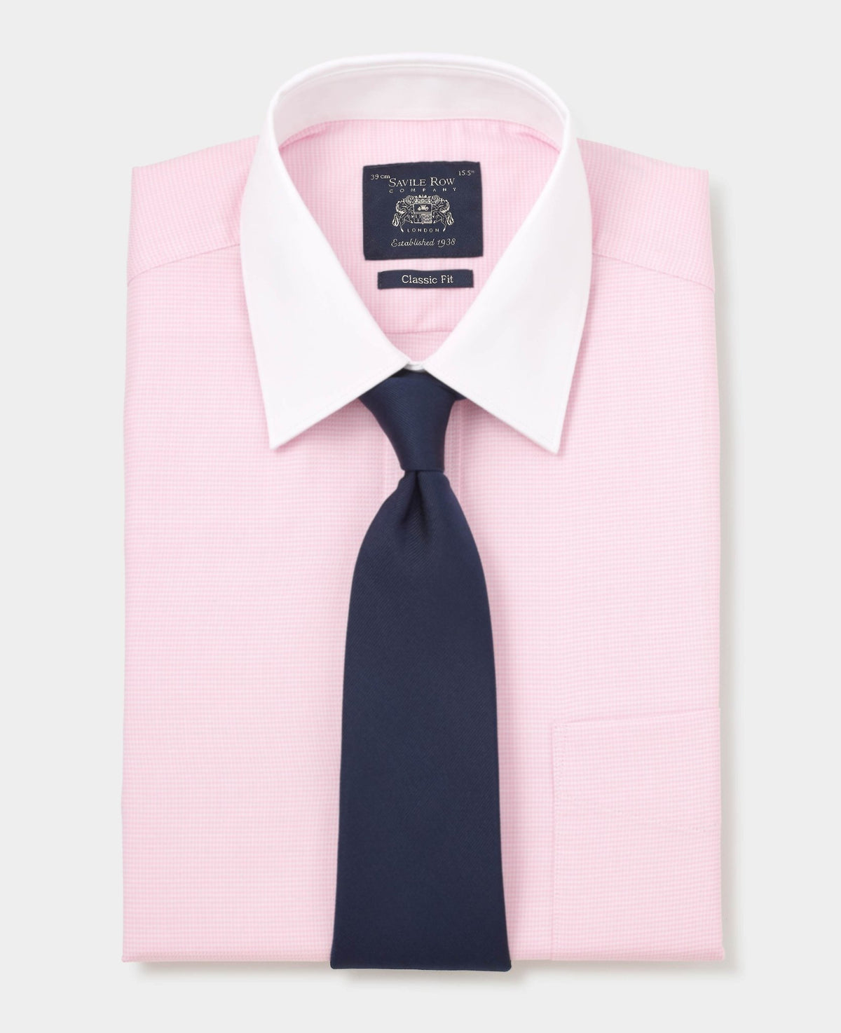 Men's Pink Textured Cotton Puppytooth Classic Fit Winchester Formal Shirt folded with tie