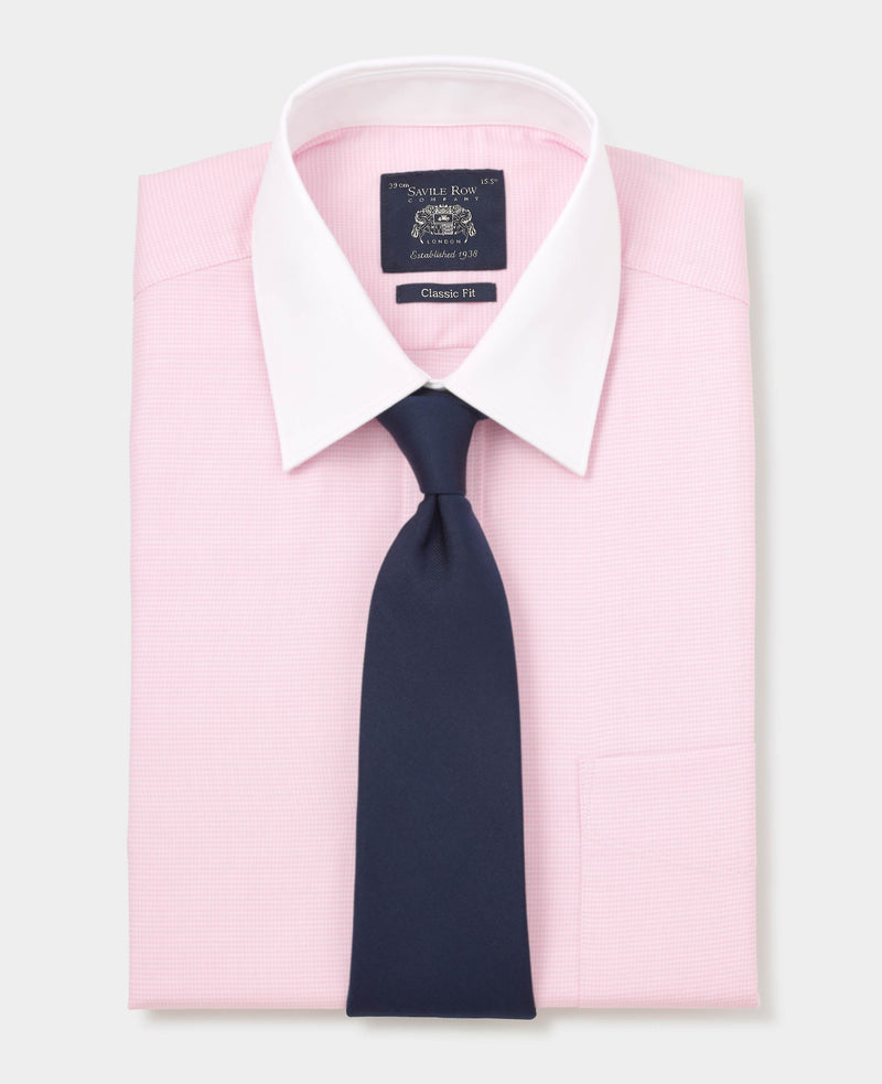 Men's Pink Textured Cotton Puppytooth Classic Fit Winchester Formal Shirt folded with tie