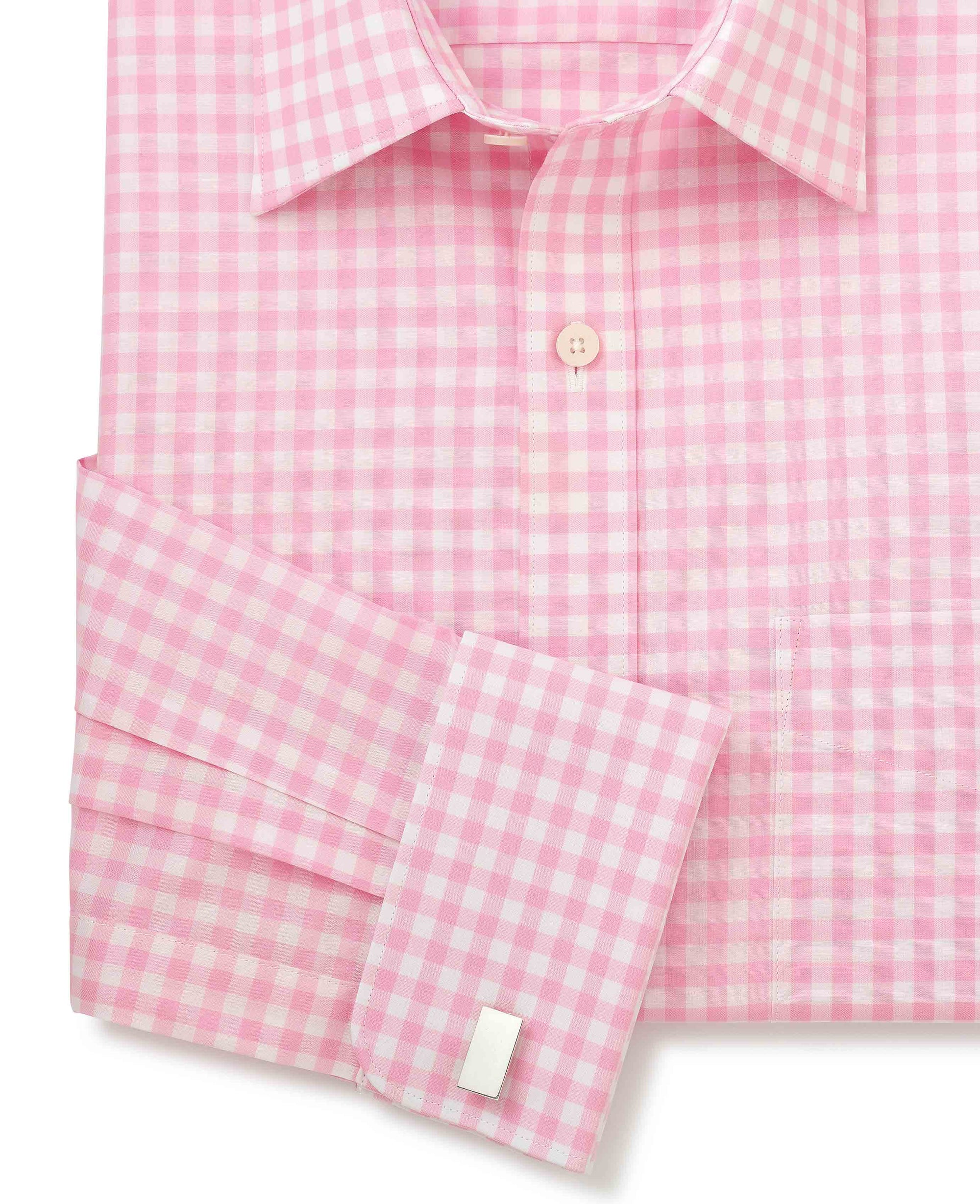 Men's Classic Fit Double Cuff Shirt in Pink White Check | Savile Row ...