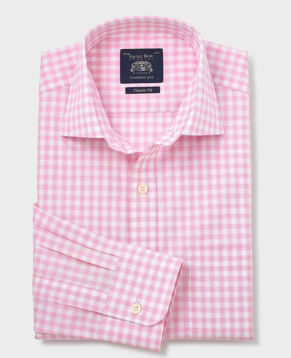 Men's Pink White Cotton Gingham Check Classic Fit Formal Shirt With Single Cuffs folded