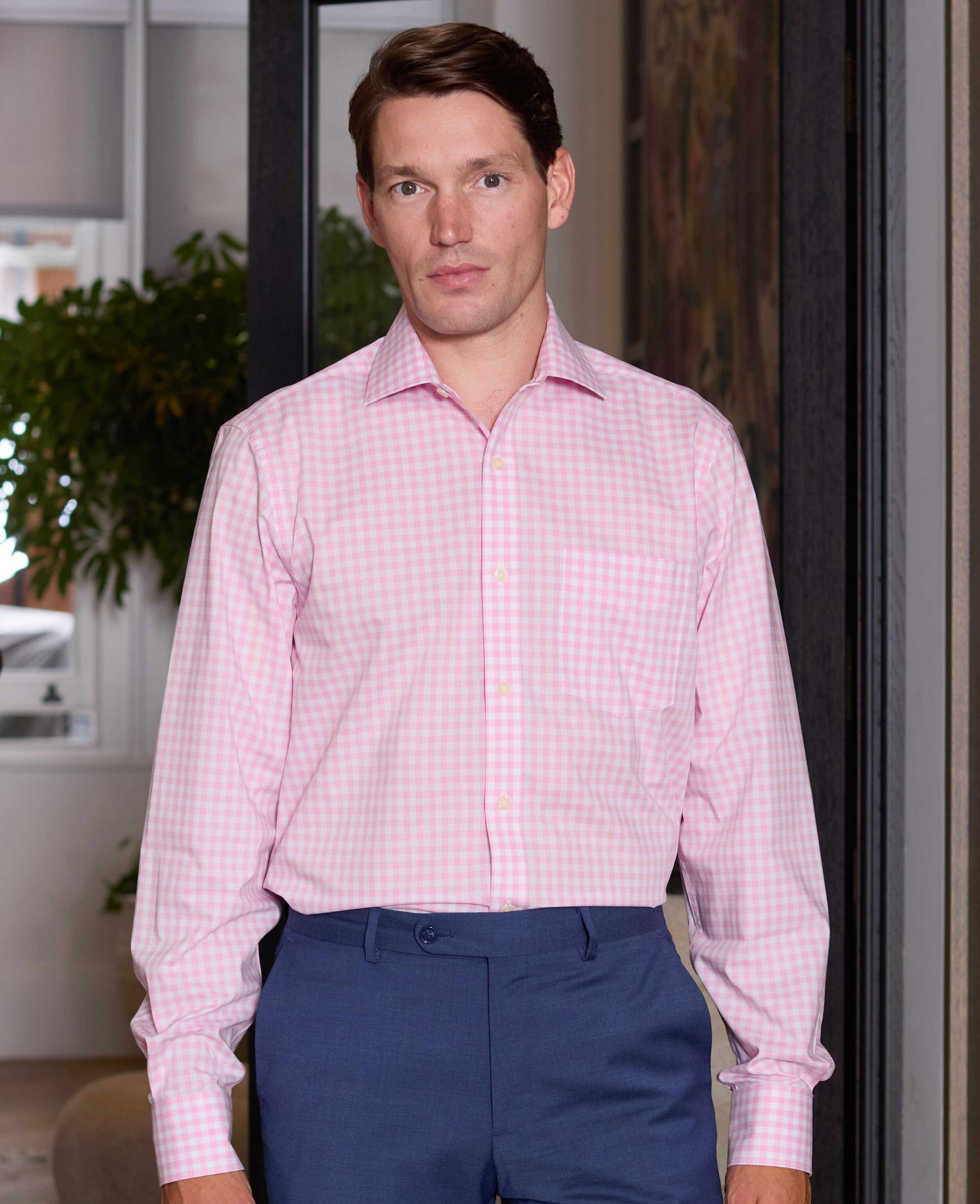 Men's Pink White Cotton Gingham Check Classic Fit Formal Shirt With ...
