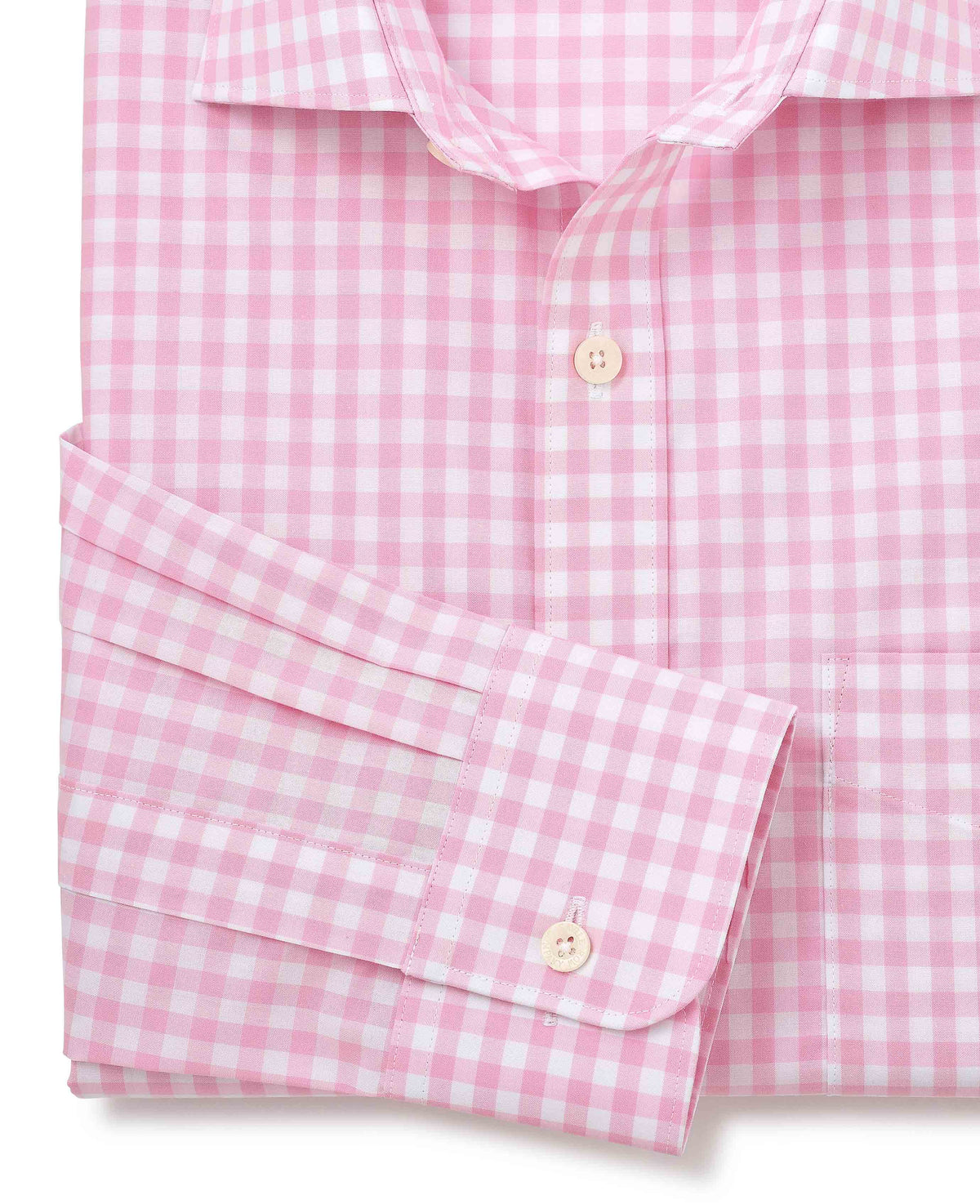 Men's Pink White Cotton Gingham Check Classic Fit Formal Shirt With Single Cuffs sleeve detail