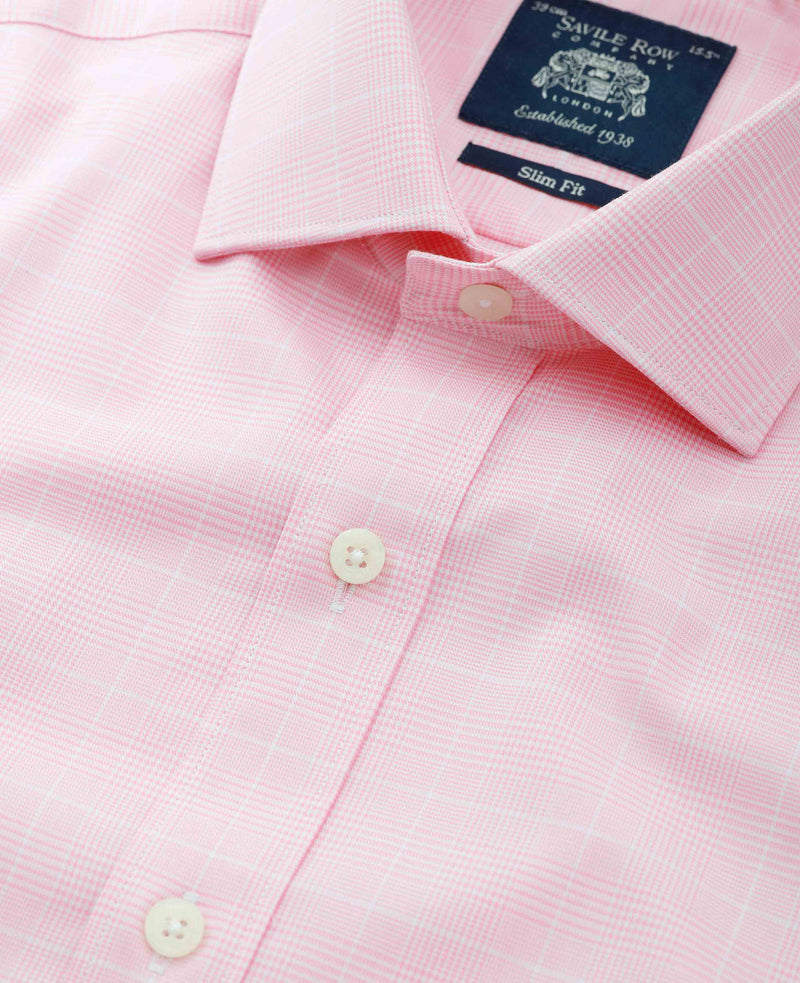Men's Pink White Cotton Prince of Wales Check Slim Fit Formal Shirt With Double Cuff collar detail