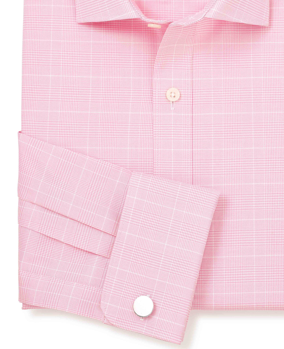 Men's Pink White Cotton Prince of Wales Check Slim Fit Formal Shirt With Double Cuff sleeve detail