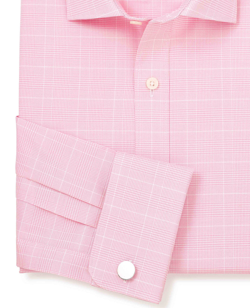 Men's Pink White Cotton Prince of Wales Check Slim Fit Formal Shirt With Double Cuff sleeve detail