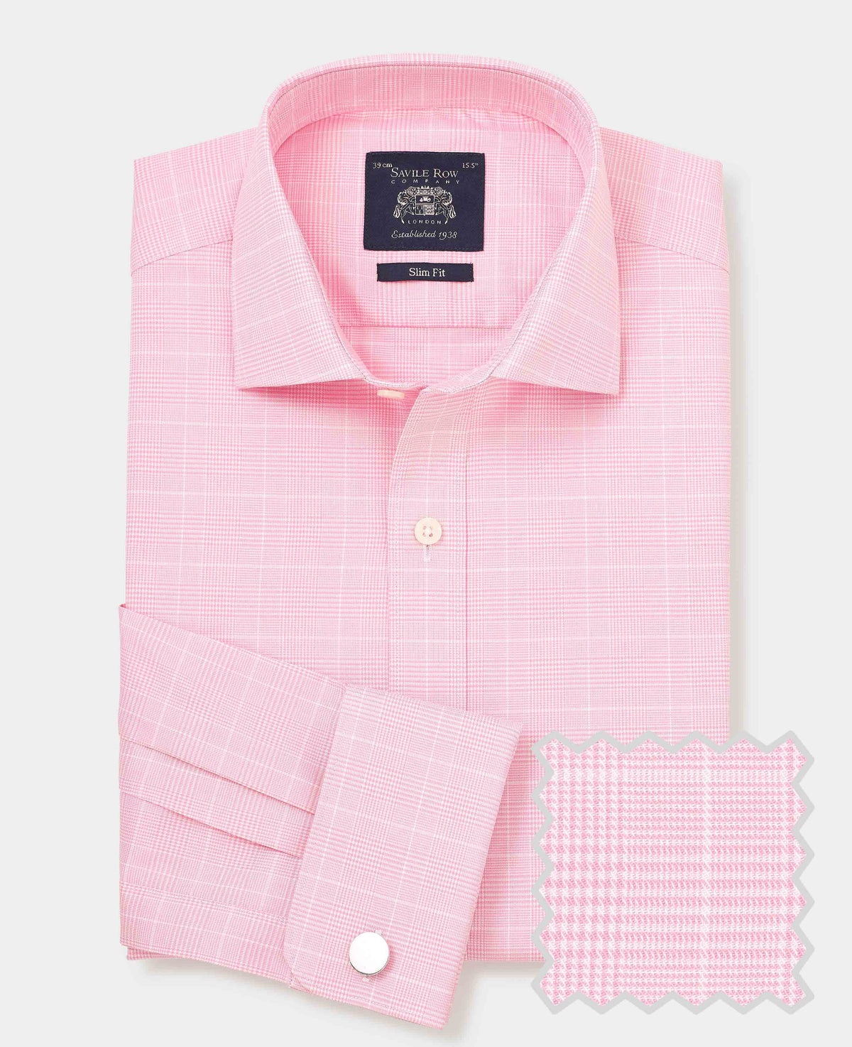 Men's Pink White Cotton Prince of Wales Check Slim Fit Formal Shirt With Double Cuff product shot with swatch