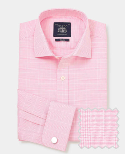 Pink White Cotton Prince of Wales Check Slim Fit Formal Shirt - Double Cuff