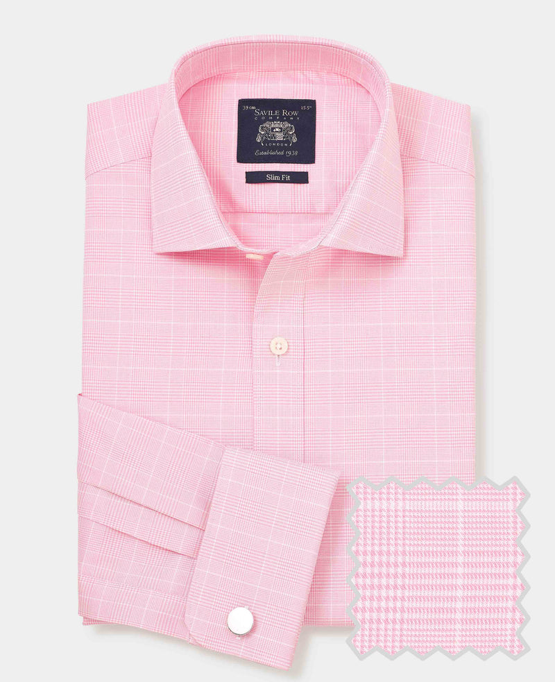 Pink White Cotton Prince of Wales Check Slim Fit Formal Shirt - Double Cuff