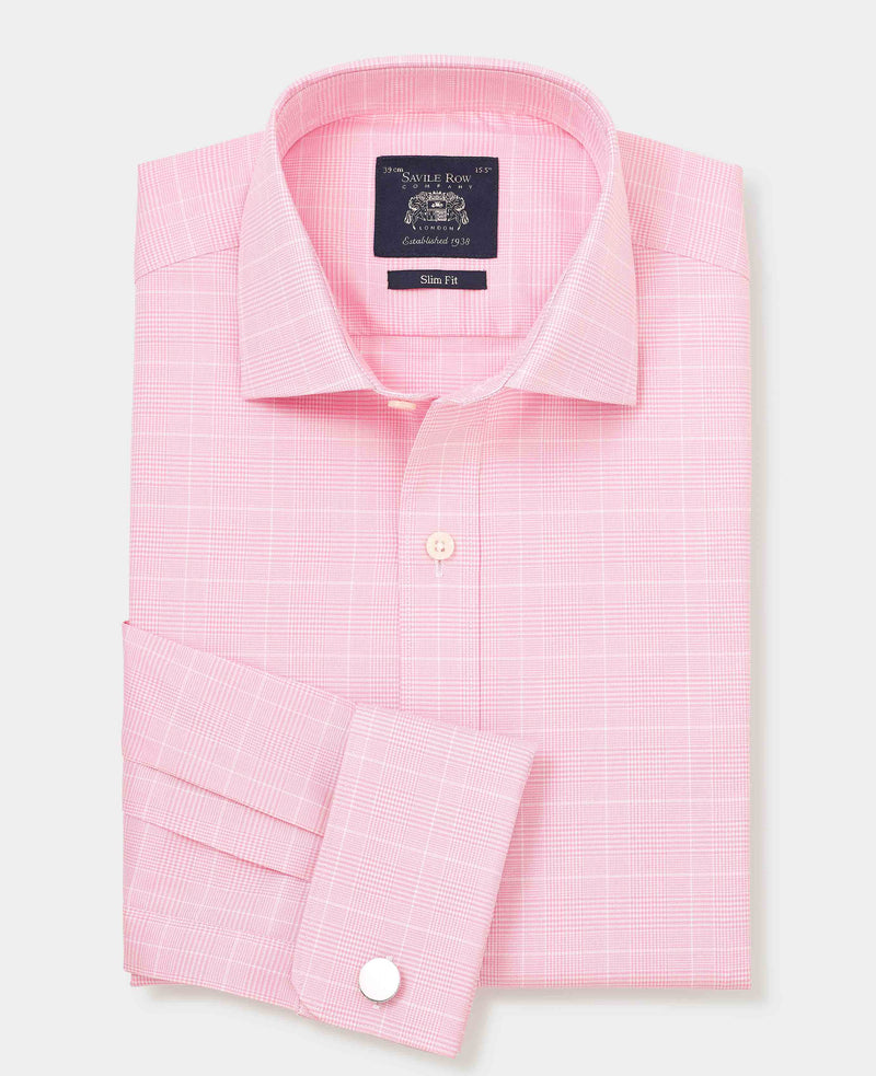 Men's Pink White Cotton Prince of Wales Check Slim Fit Formal Shirt With Double Cuff folded