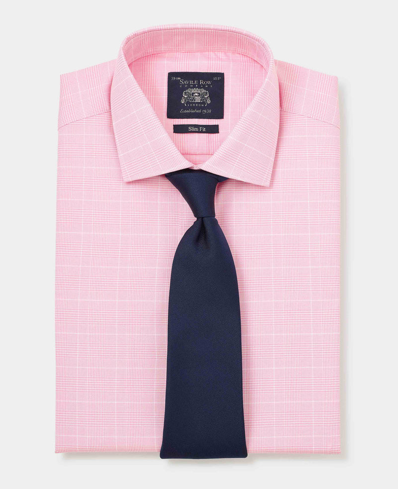 Men's Pink White Cotton Prince of Wales Check Slim Fit Formal Shirt With Double Cuff folded with tie