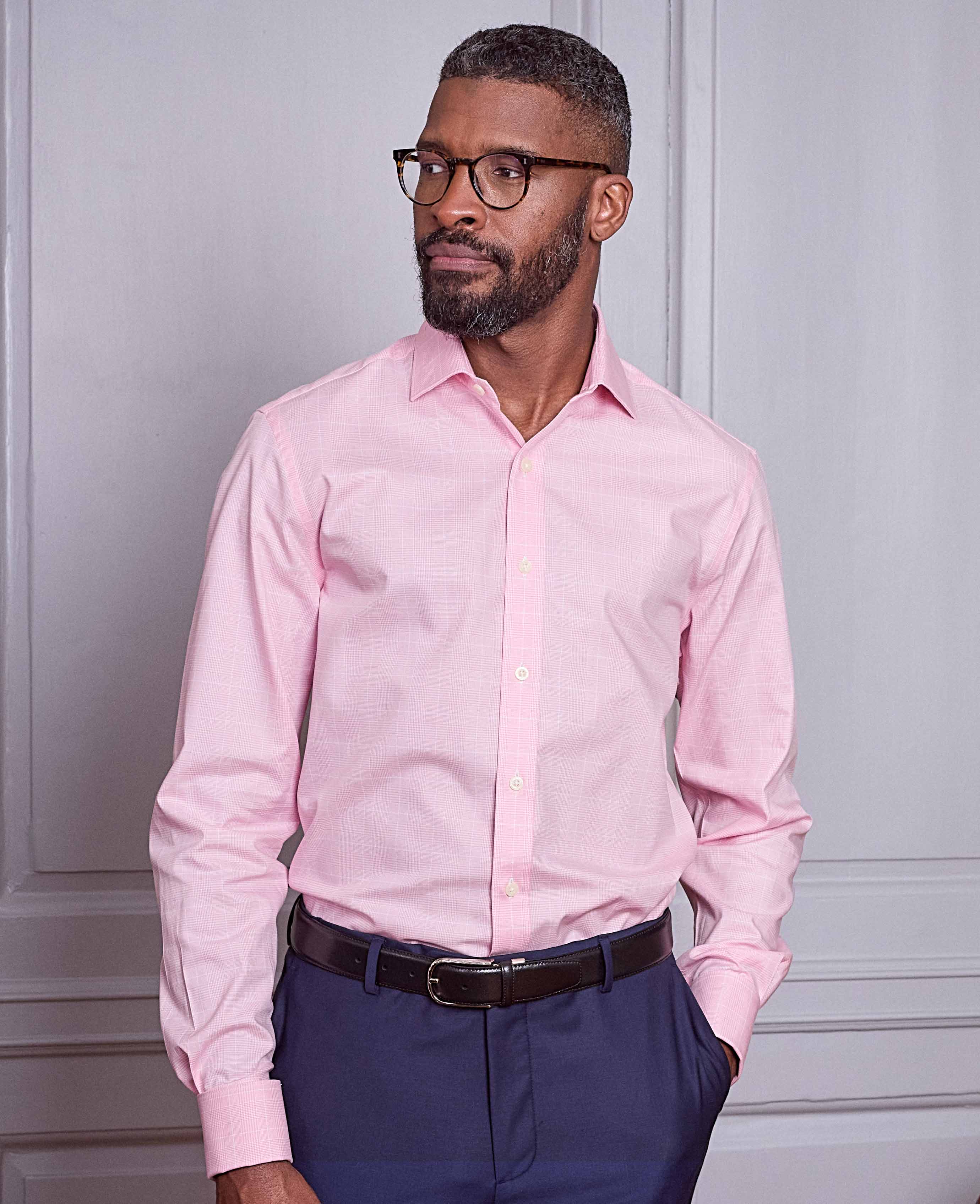 Men's Pink White Cotton Prince of Wales Check Slim Fit Formal Shirt With  Double Cuff
